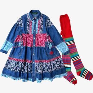 Oilily Denim Floral Ruffle Dress and Striped Tights, Size 116 (5-6yr), Blue Red
